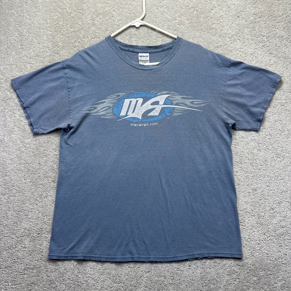 VTG Gildan T-Shirt Mens L Blue Ultra Cotton MaxAmps Racing Graphic Distressed